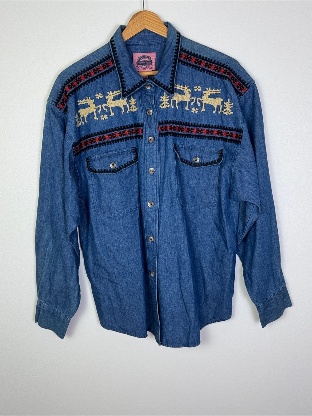 Vintage 90s Cambridge Country Store Embroidered Reindeer Denim Shirt NWT L